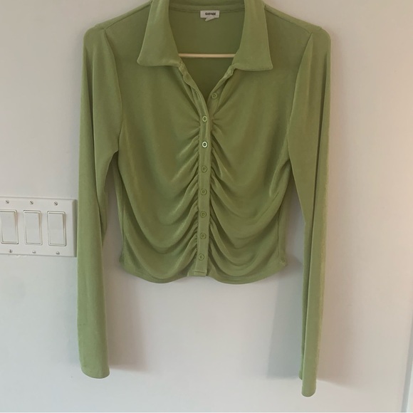 Garage Tops - Garage Slinky Green Button Up Shirt Collar Long Sleeve Rushing Womens Medium M